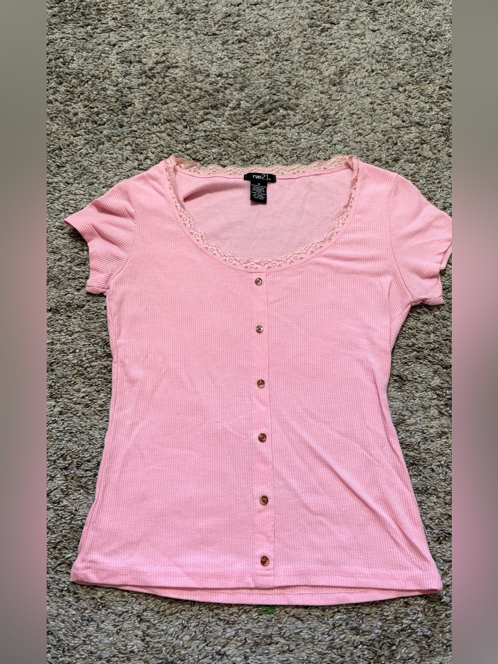 Rue21 Light Pink Lace-Trim Button-Front Ribbed Top